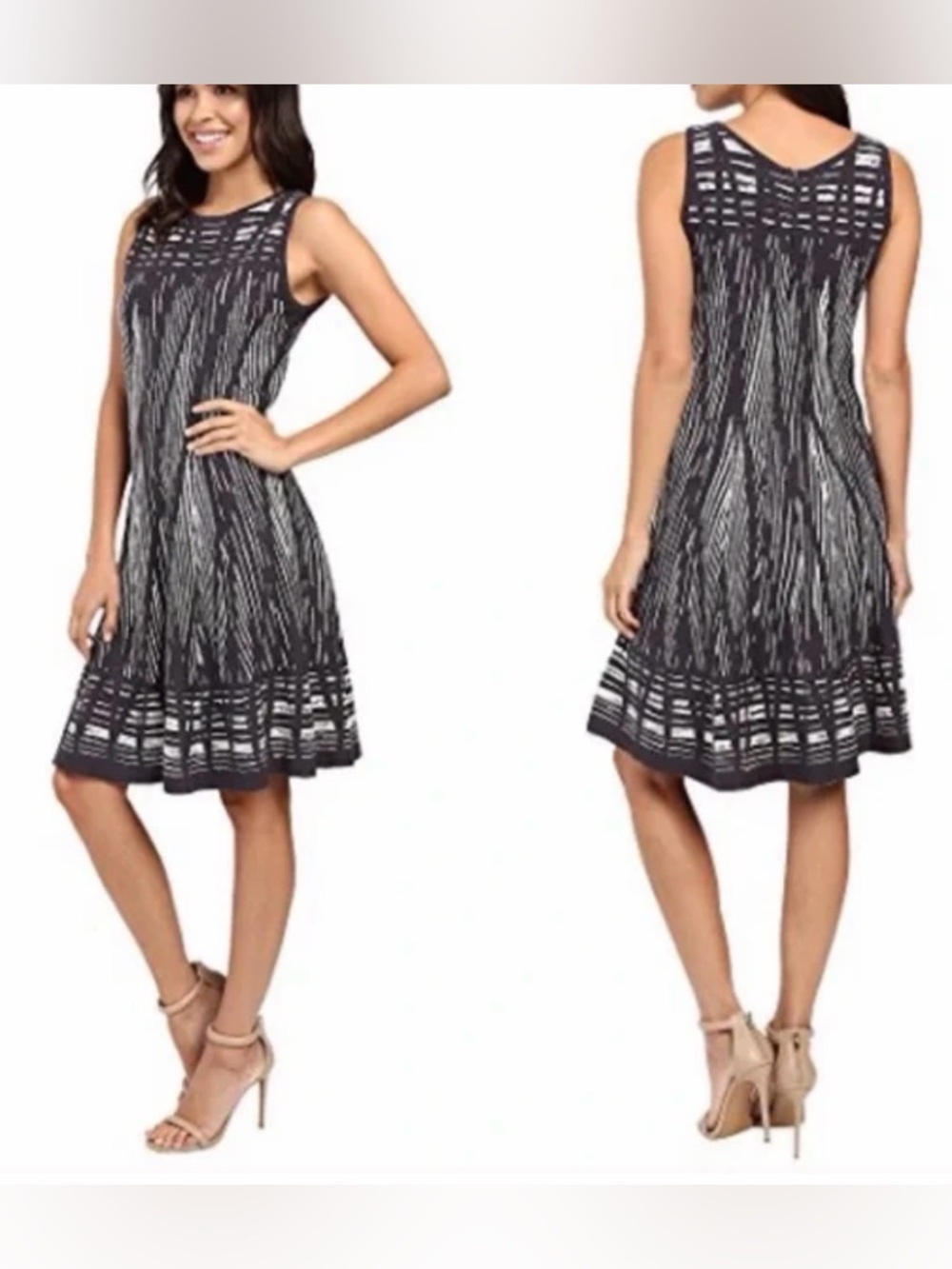 Nic + Zoe Dashed Diamonds Fit & Flare Knit Dress Gray White Size MP Sleeveless